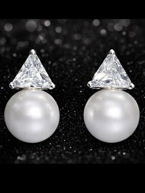 Trilliant Cut Trillion Cz Diamond Pearl Dangle Drop Stud statement Earrings HSN